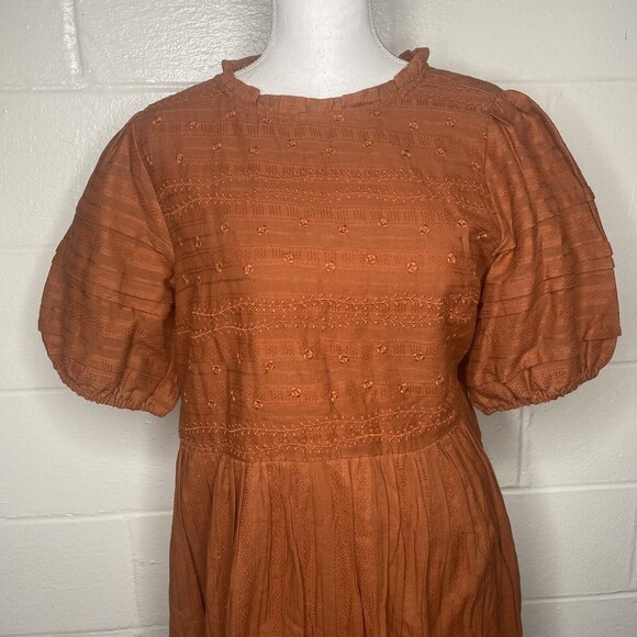 Universal Thread Burnt Orange Puff Sleeve Ruffle Dress Embroider Peasant Medium - Picture 5 of 14